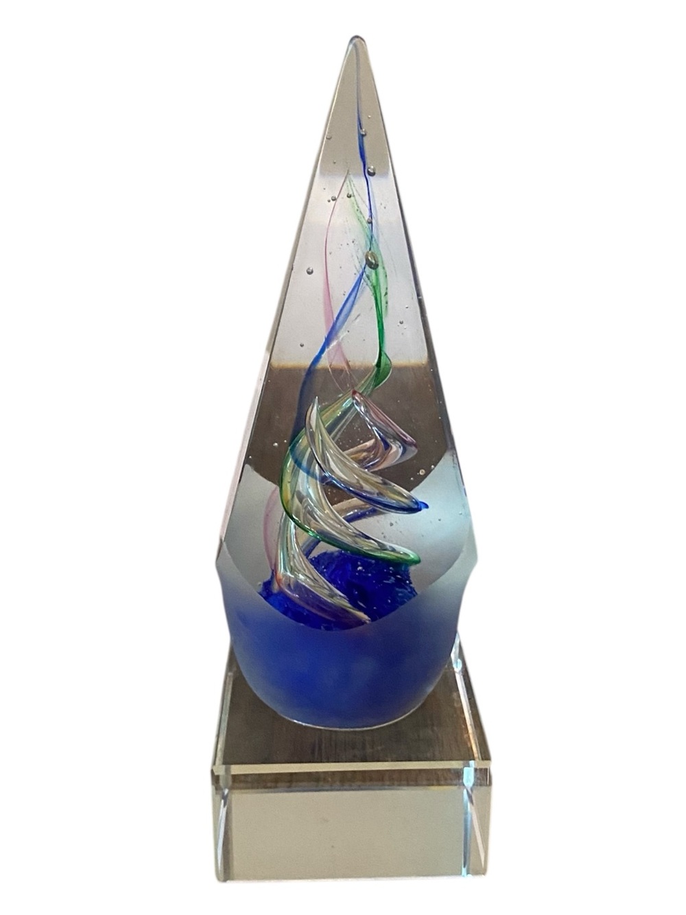 Hand Blown Art Glass Paperweight Trophy Clear Blue Arrow Point Controlled Bubble